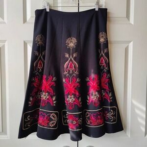 Vintage y2k Bohemian Ornamental Embroidered Panel Midi Skirt Stretch Black Sz 14